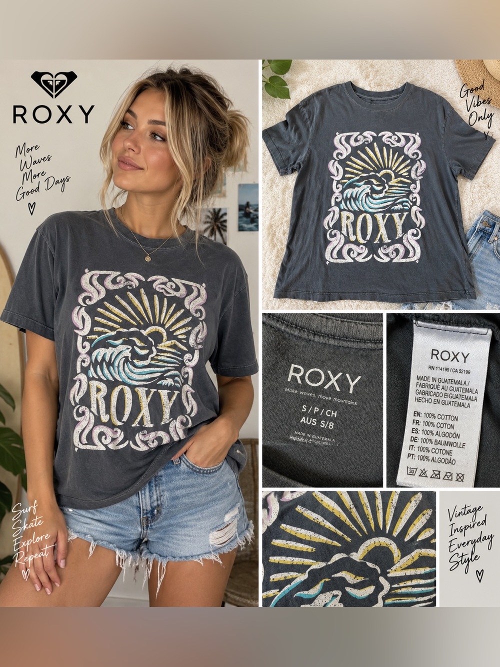 Roxy Charcoal Graphic Tee with Sun & Wave Print